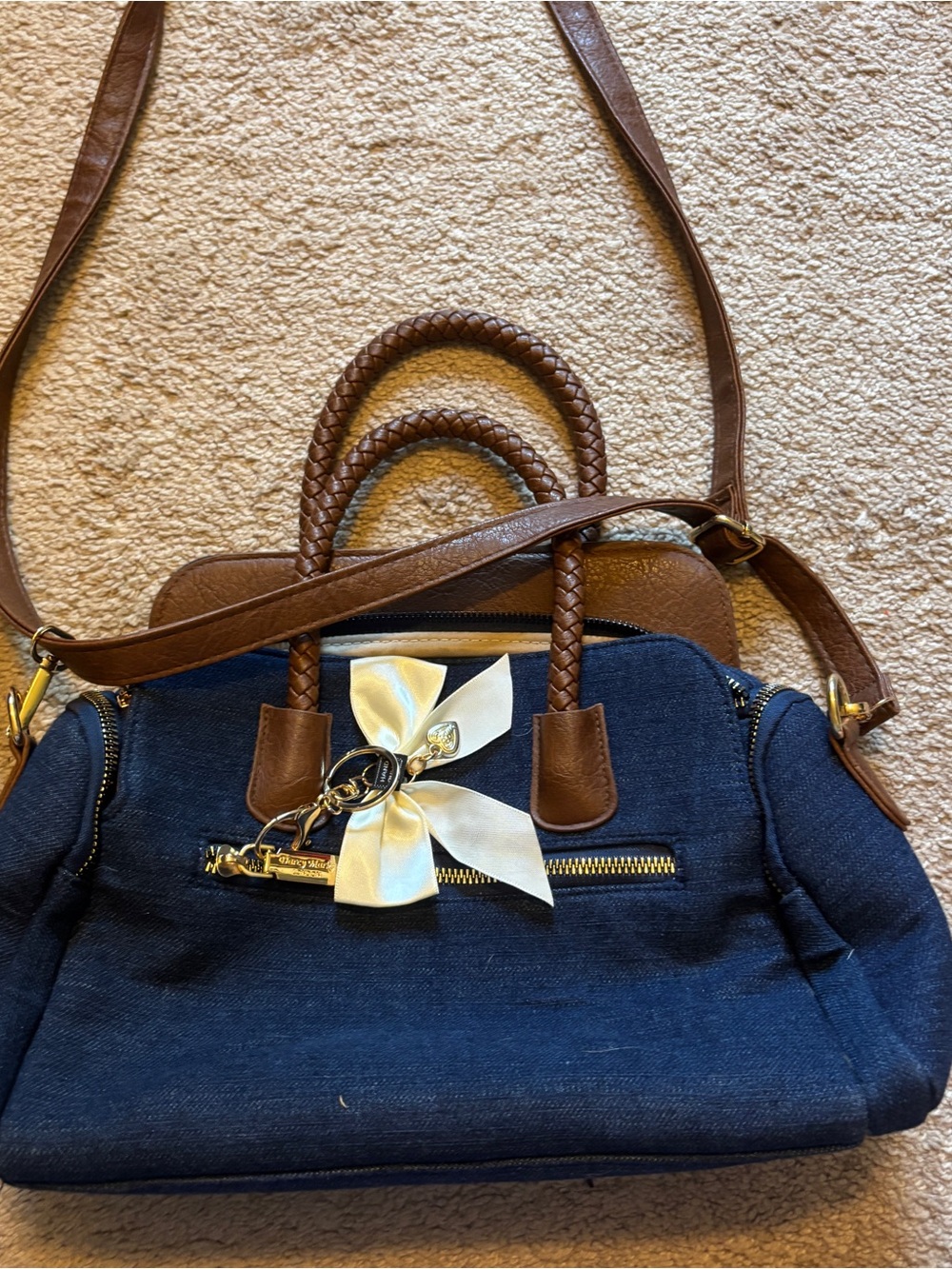 Women's Navy Denim Satchel with Brown Trim and Ribbon Accent
